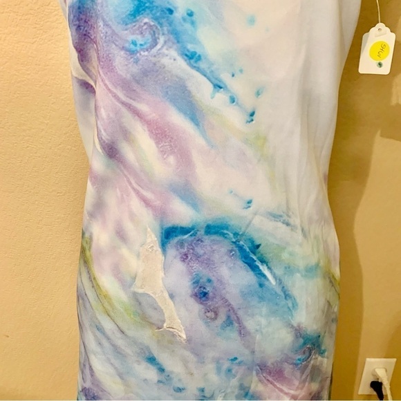 NWT Mini Dress Large by Artist Velia Lala Blues Purples Greens Keyhole Stretchy - Picture 3 of 16
